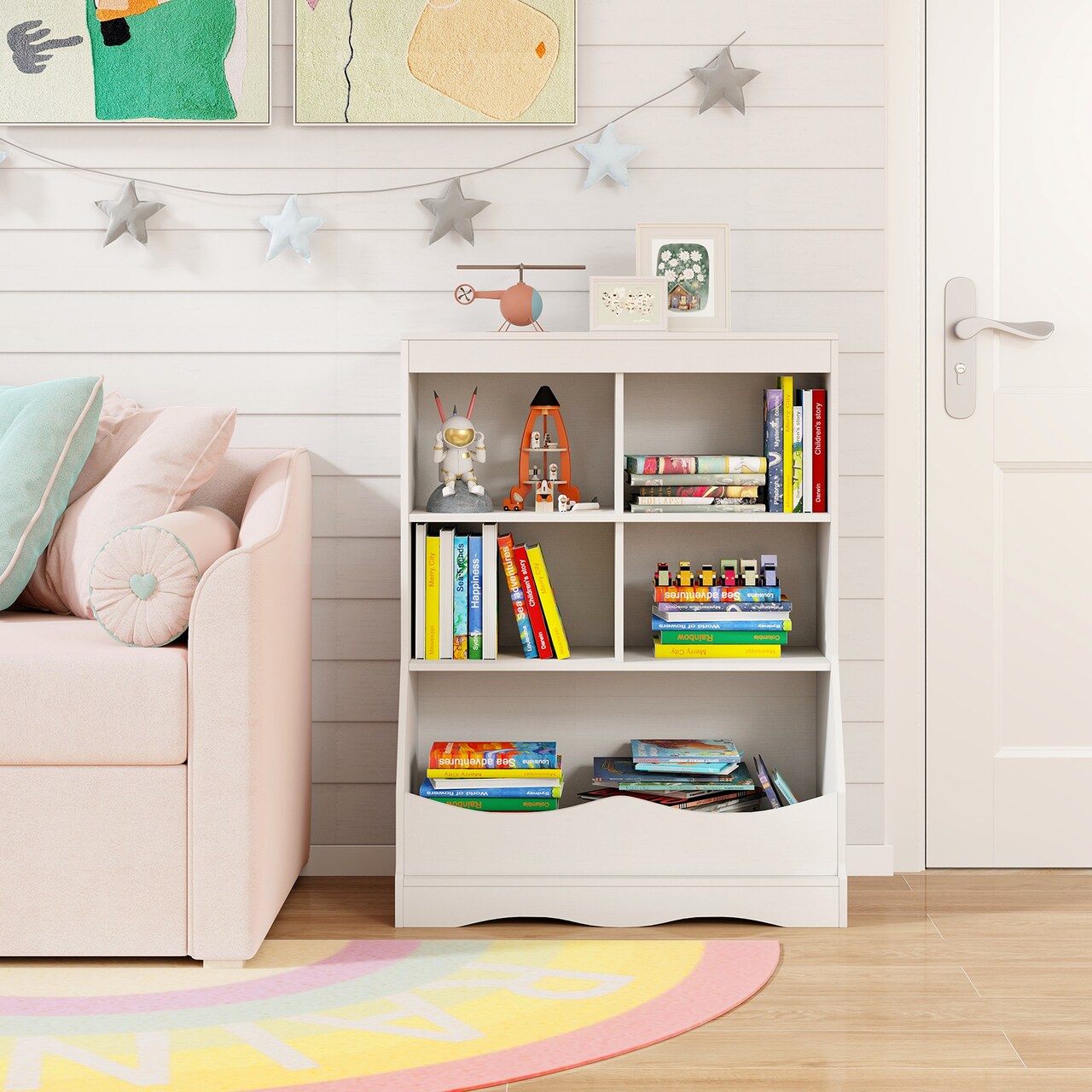 34.5" Kids Bookshelf with 5 Bins for Playroom and Living Room - 26.5" x 16" x 34.5" (L x W x H)